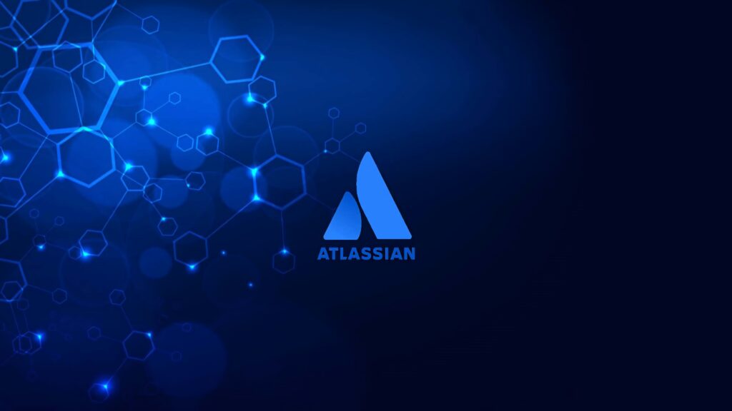 Atlassian logo on dark blue hexagonal tech pattern wallpaper symbolizing innovation
