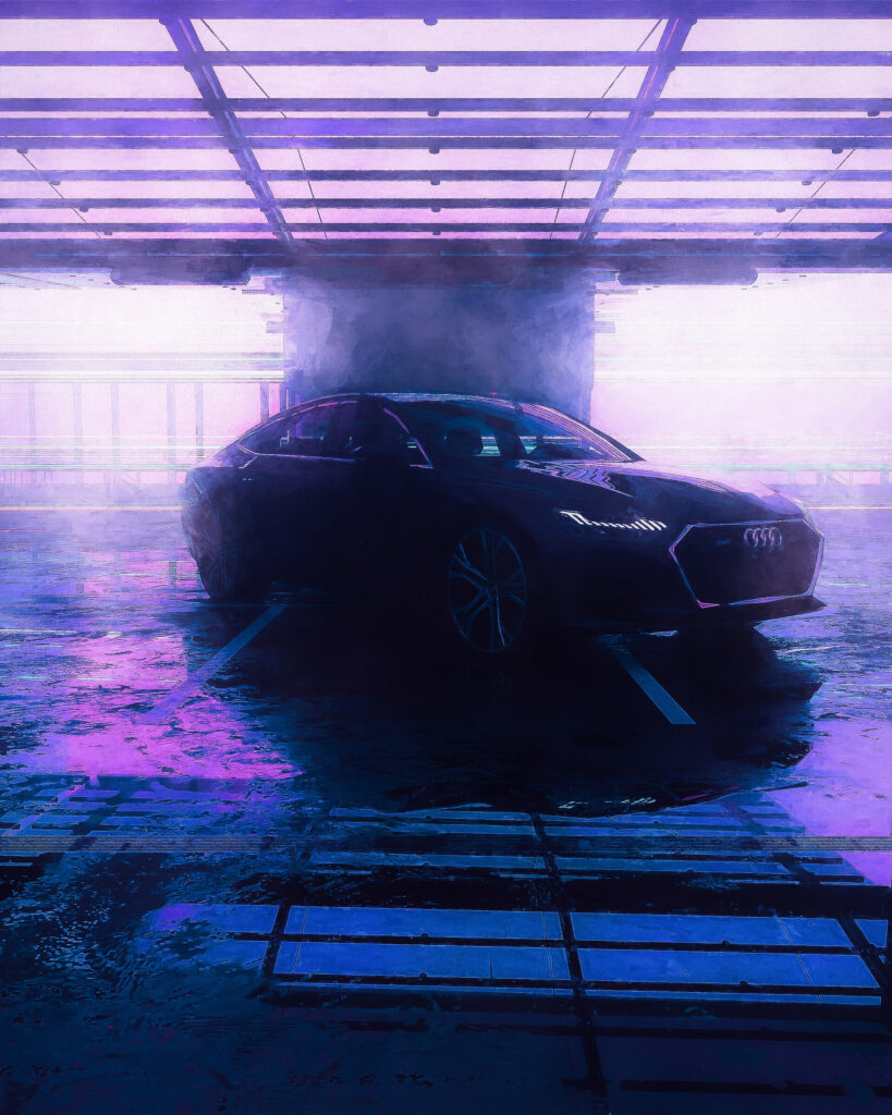 Sleek Audi in Dimly Lit Garage with Dramatic Headlight Glow Wallpaper