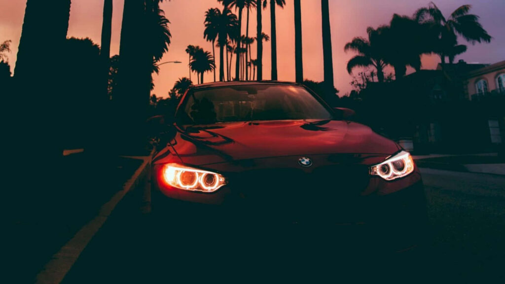 BMW with glowing headlights parked on palm-lined street at sunset scenic tablet wallpaper background
