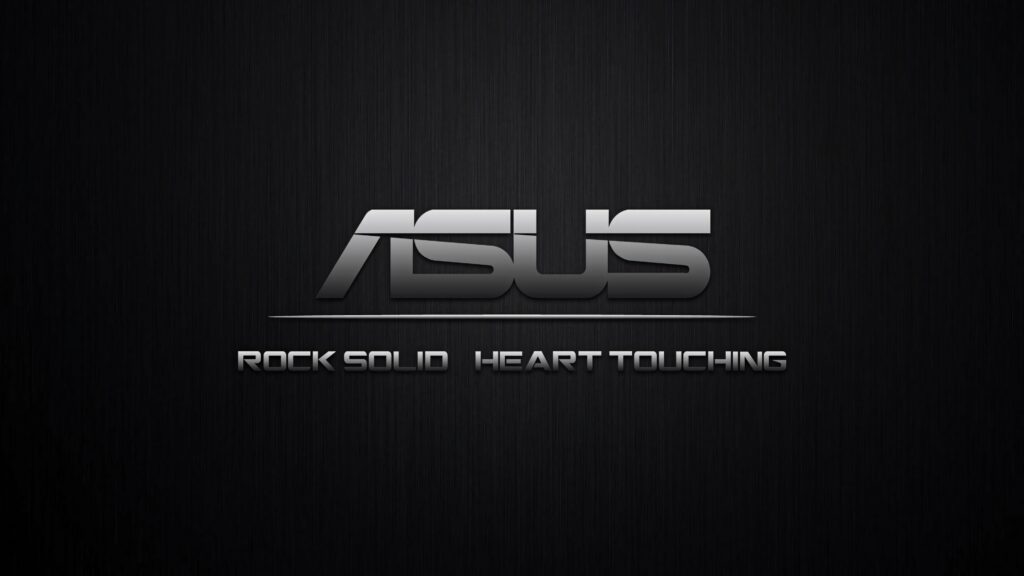 Sleek black wallpaper with metallic ASUS logo and Rock Solid Heart Touching tagline in bold font