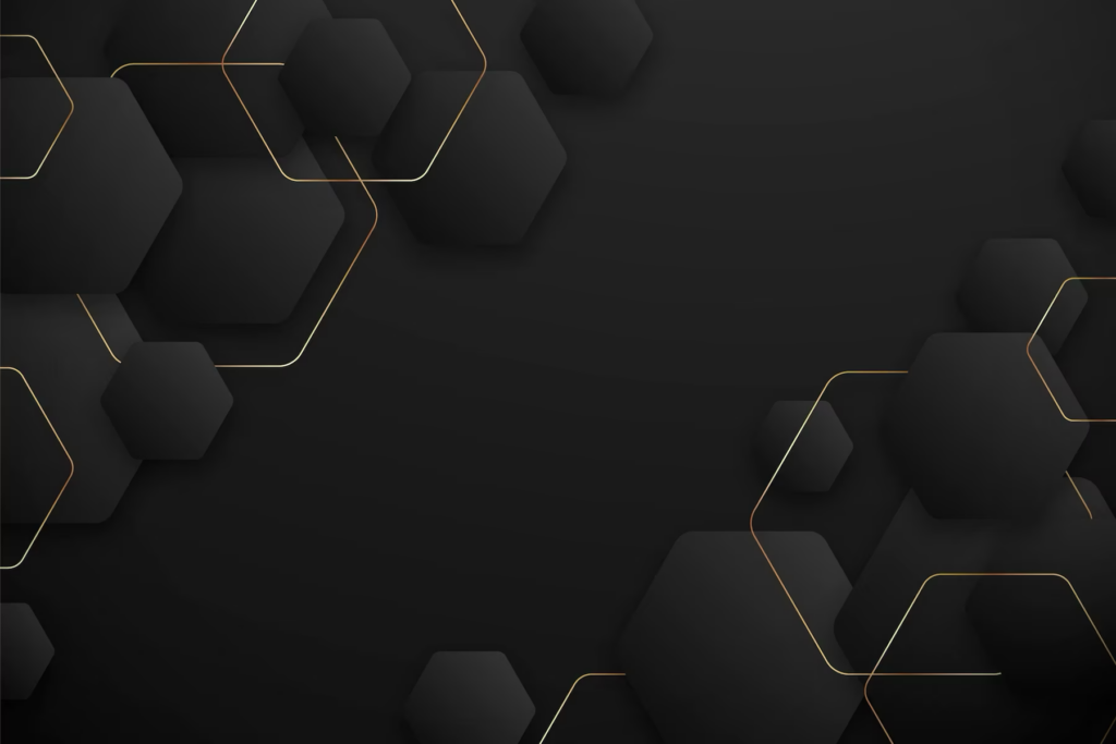 Modern Black Abstract Wallpaper with 3D Hexagons and Gold Lines