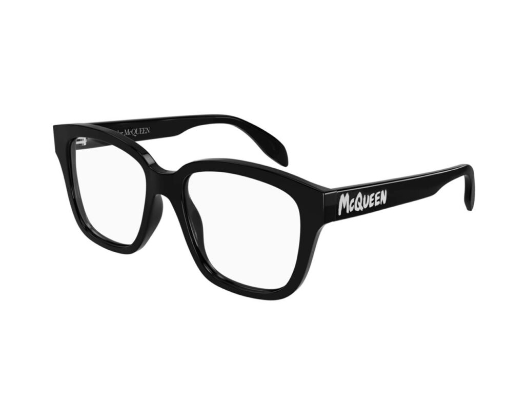Black Alexander McQueen eyewear frame on white background showcasing luxury high fashion design Wallpaper