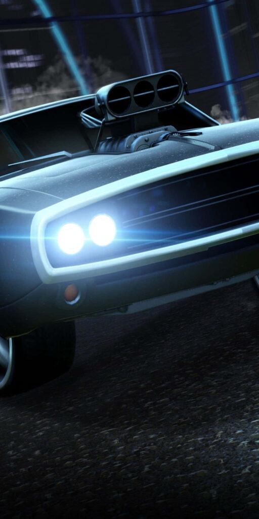 Black classic American muscle car with bright headlights racing on wet road fast and furious wallpaper