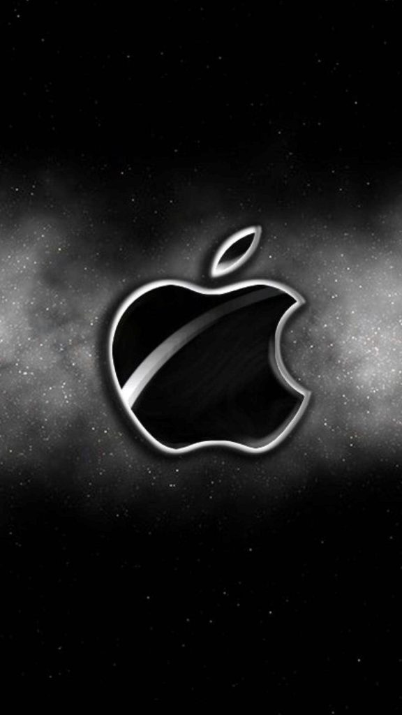 Minimalist shiny black Apple iPhone logo wallpaper with reflective emblem on starry cosmic background