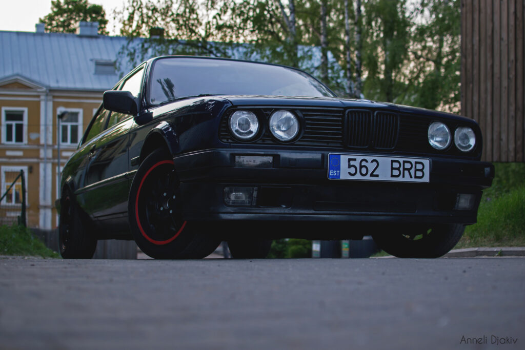 Glossy Black BMW 316i in Urban Greenery - Striking Wallpaper