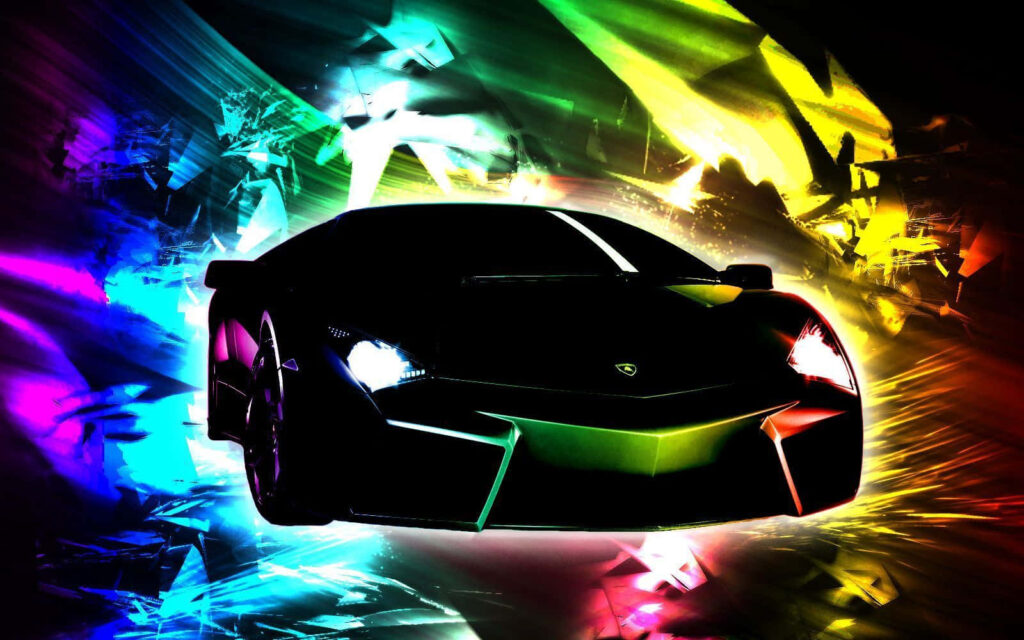 Sleek black car with vibrant colorful dynamic lights futuristic wallpaper background design