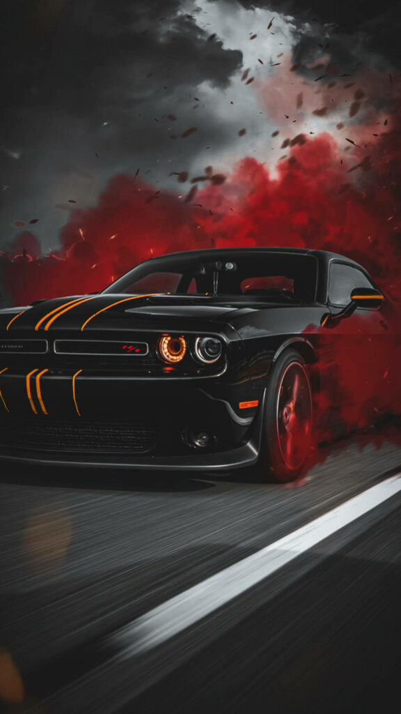 Sleek black car with glowing red headlights racing through red mist high speed wallpaper background