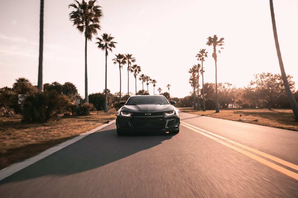Stylish Black Chevrolet Camaro Wallpaper with Palm Trees Background