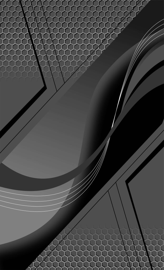 Abstract black and gray hexagon grid with flowing curves and sharp angular lines wallpaper background