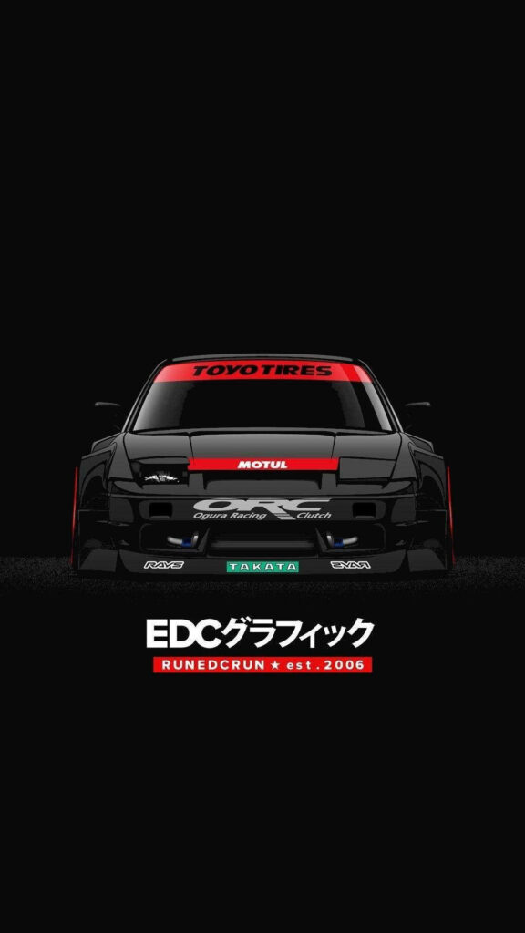 Black JDM car front view with red white racing decals and sponsor logos on dark background Wallpaper