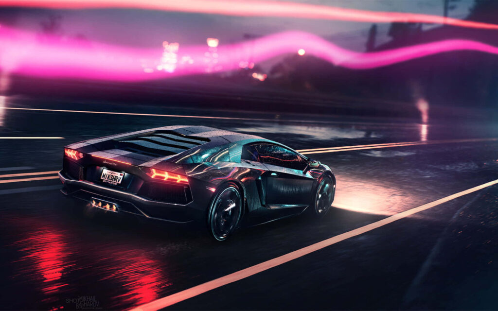 Black Lamborghini speeding on wet neon-lit city street at night with vibrant pink sky streak Wallpaper