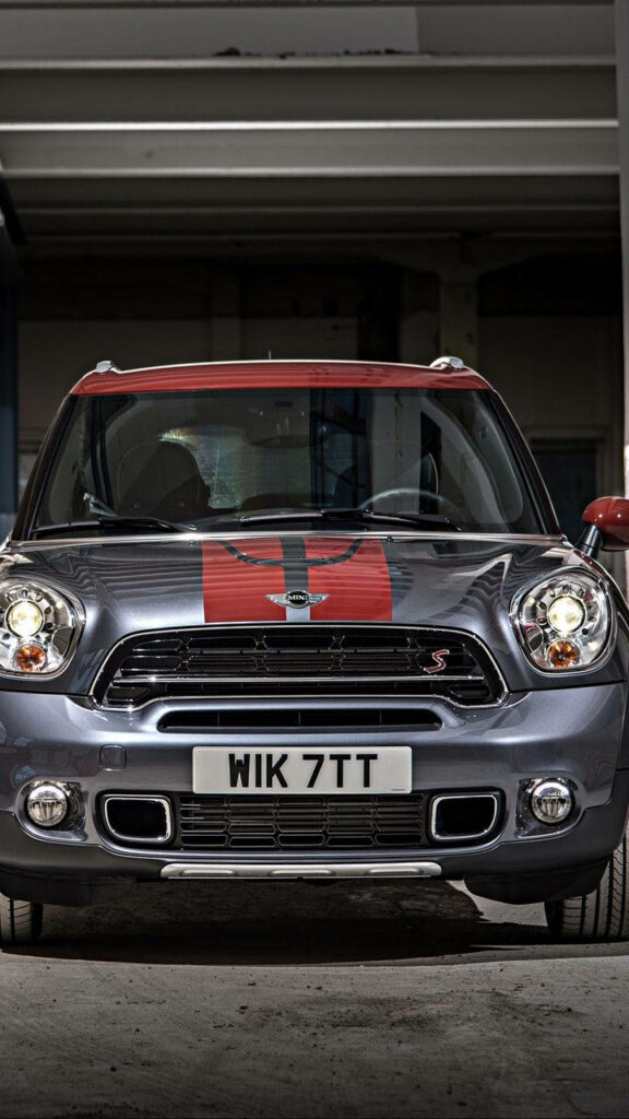 Sleek Black Mini Cooper with Red Racing Stripes - Stylish Wallpaper