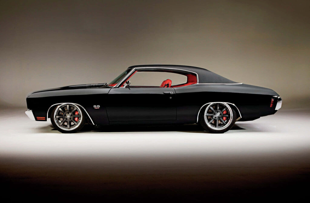 Black muscle car with red interior parked in studio showcasing classic powerful design wallpaper