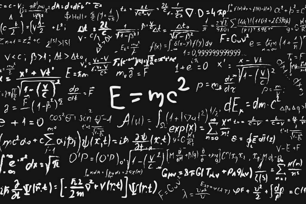 Sleek black wallpaper with white physics equations like E=mc² perfect for science study spaces
