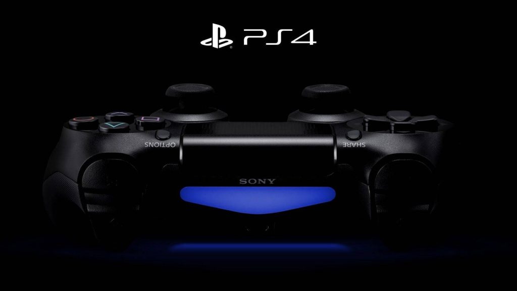 Black Sony DualShock 4 controller with glowing blue light and PS4 logo on dark gaming wallpaper