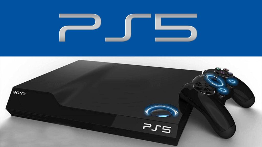 Sleek black Sony PlayStation 5 console and controller with blue light futuristic design wallpaper