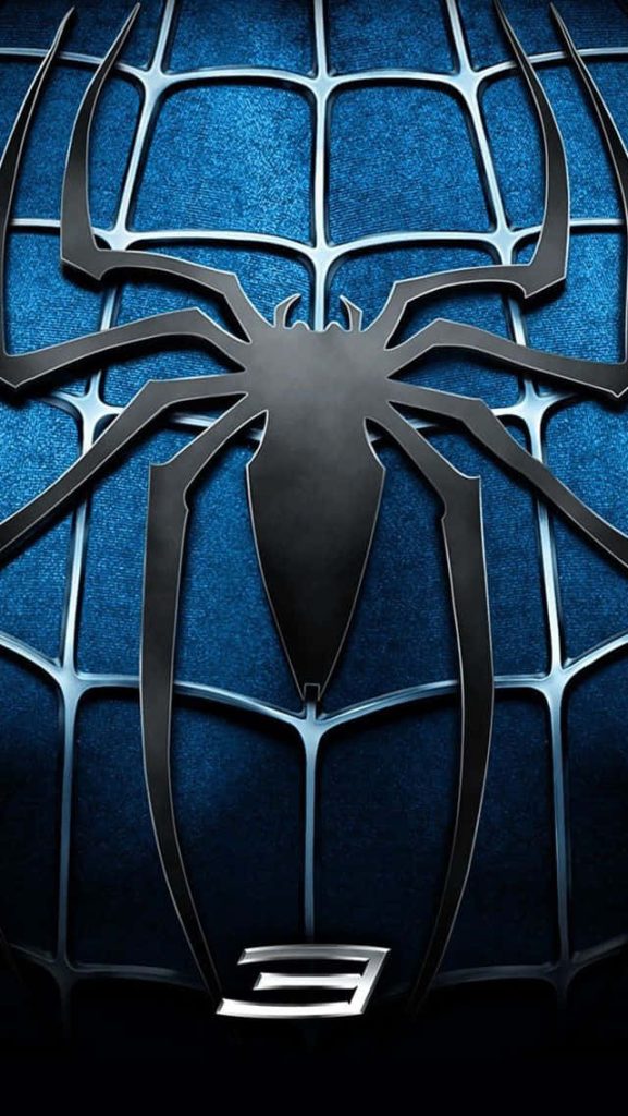 iPhone wallpaper with black Spider-Man chest emblem and textured deep blue webbed background