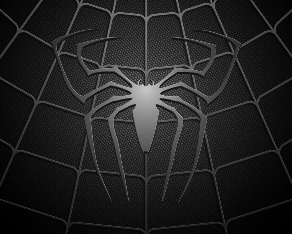 High-def sleek black Spiderman logo on dark web background, bold modern superhero wallpaper.
