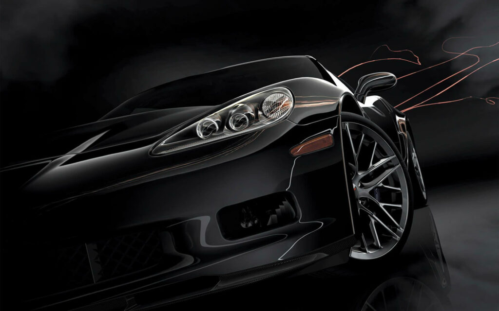 Sleek black sports car with dynamic red accents on dark background high performance wallpaper