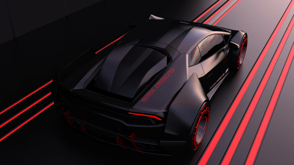 Sleek black sports car with red accents racing on stylish black and red track in 4k wallpaper