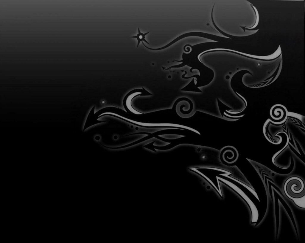 Sleek Black Wallpaper with Swirling Curly Lines & 3D Shapes