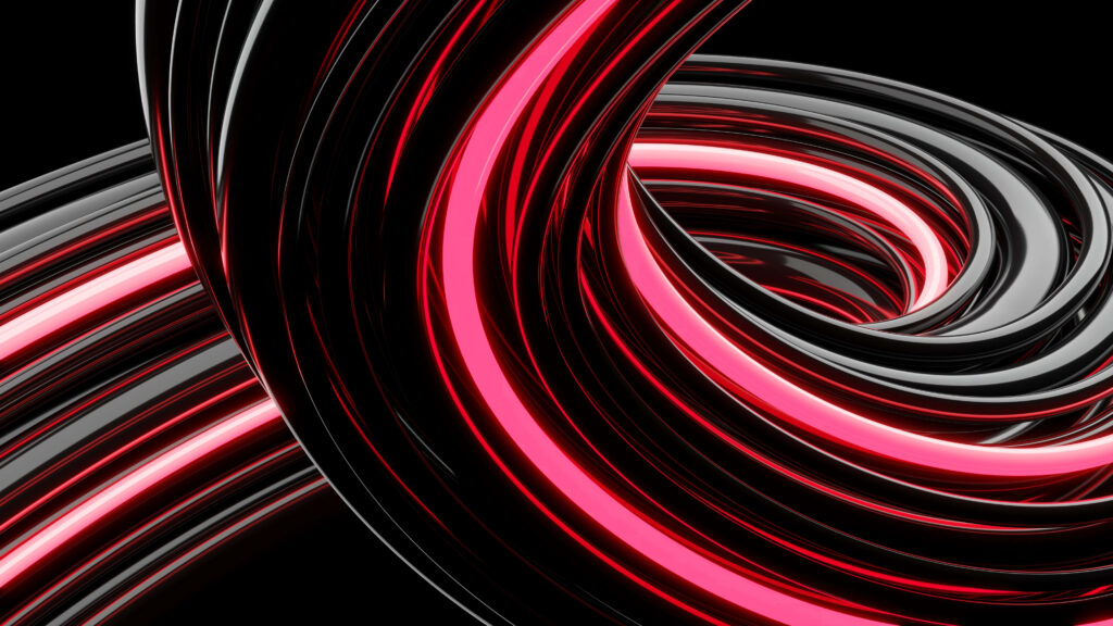 Sleek Black Wallpaper with Dynamic Red & Pink Swirling Patterns