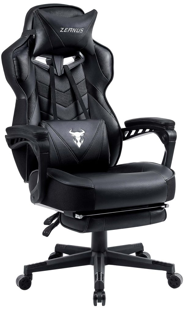 Black Zeanus ergonomic gaming chair with bull logo footrest and carbon fiber textures wallpaper