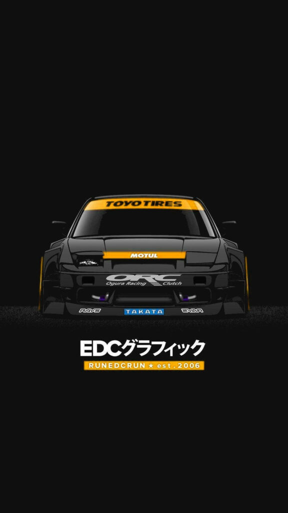 Front view of sleek black and yellow JDM car with racing decals on minimalist wallpaper background