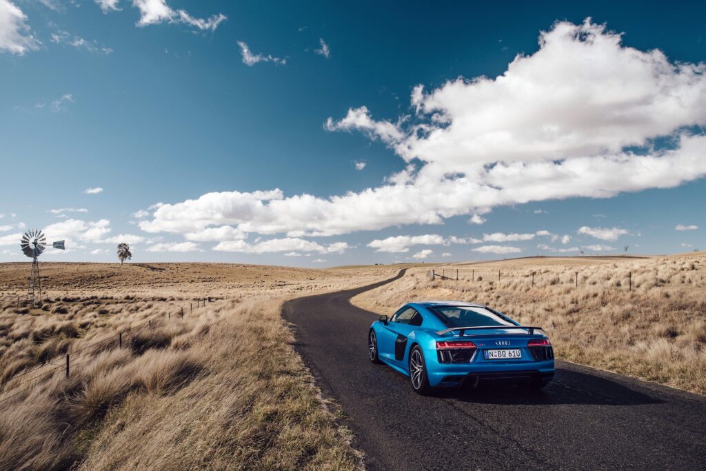 Stunning Blue Audi R8 V10 Wallpaper: Sleek Car & Serene Landscape