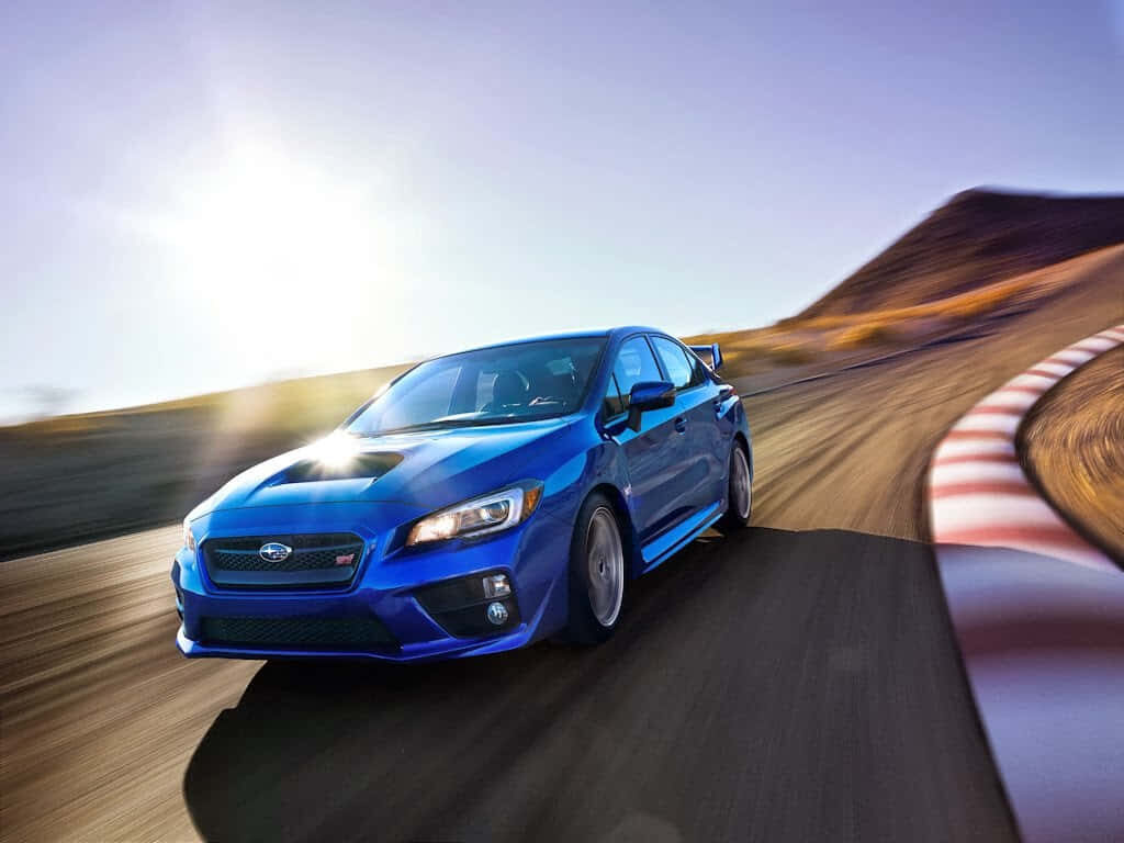 Blue automatic sports car speeding on winding racetrack under bright sun dynamic performance wallpaper