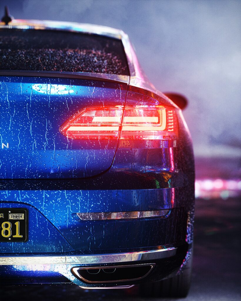 Stylish Blue Car Rear View Wallpaper: Rainy Night Drama Background