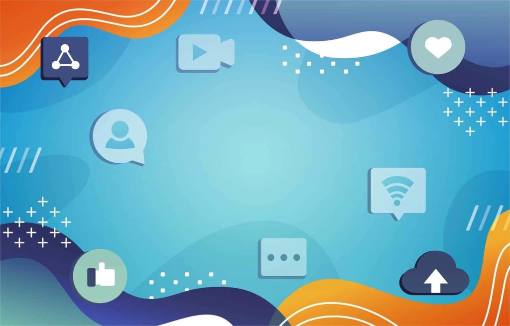 Sleek blue gradient Zoom wallpaper with abstract waves and vibrant social media icons background
