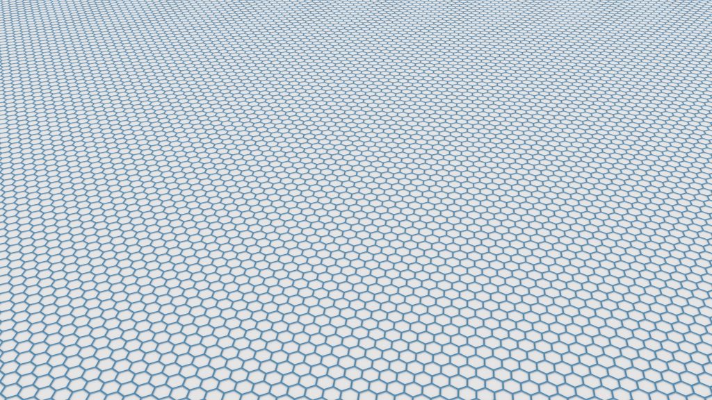 Blue hexagon mesh wallpaper with 3D honeycomb grid on white modern minimalist background