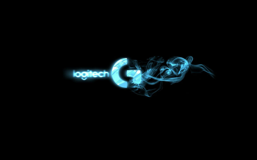 Logitech logo glowing blue with swirling smoke on black background modern tech wallpaper