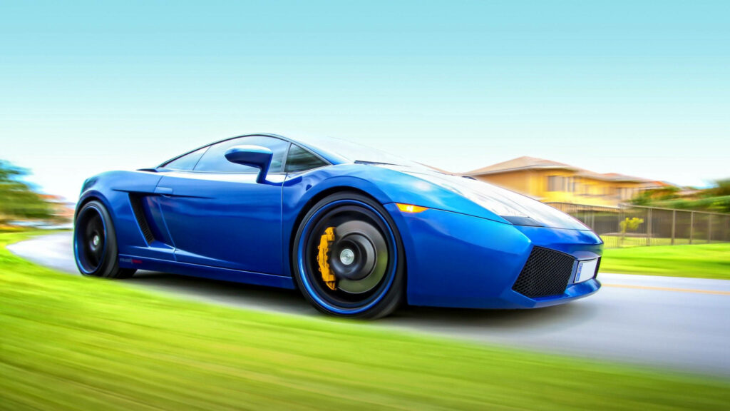 Blue sports car speeding on suburban road vibrant blurred background modern design wallpaper