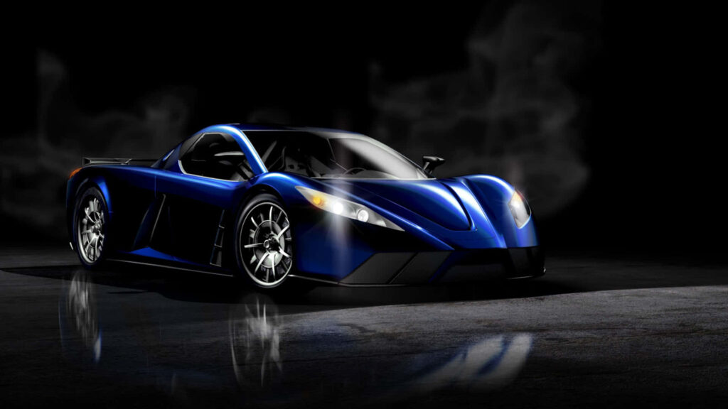 Blue sports car with sharp headlights speeding at night showcasing aerodynamic design Wallpaper