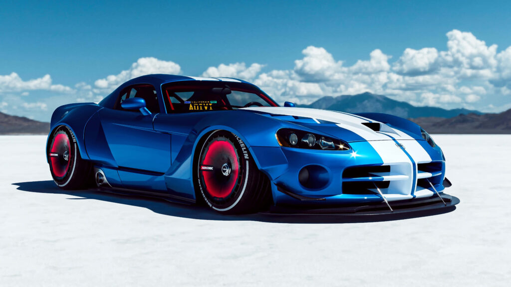 Blue sports car with white racing stripes on desert road under clear bright sky automotive wallpaper