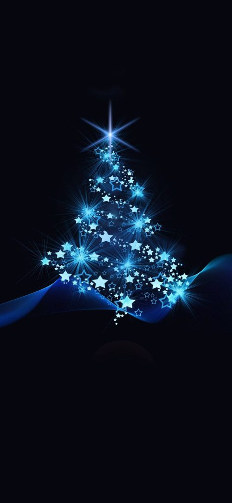 Abstract Christmas tree wallpaper with glowing blue stars and lens flares on black background