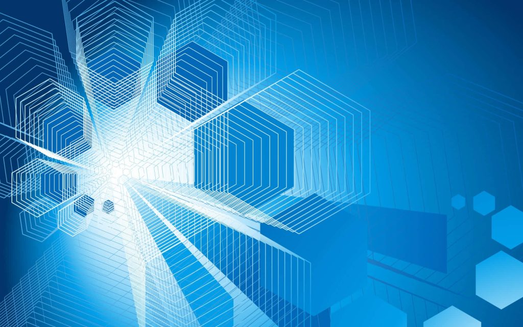 Abstract tech background with cascading wireframe hexagons and vibrant blue gradient lighting Wallpaper