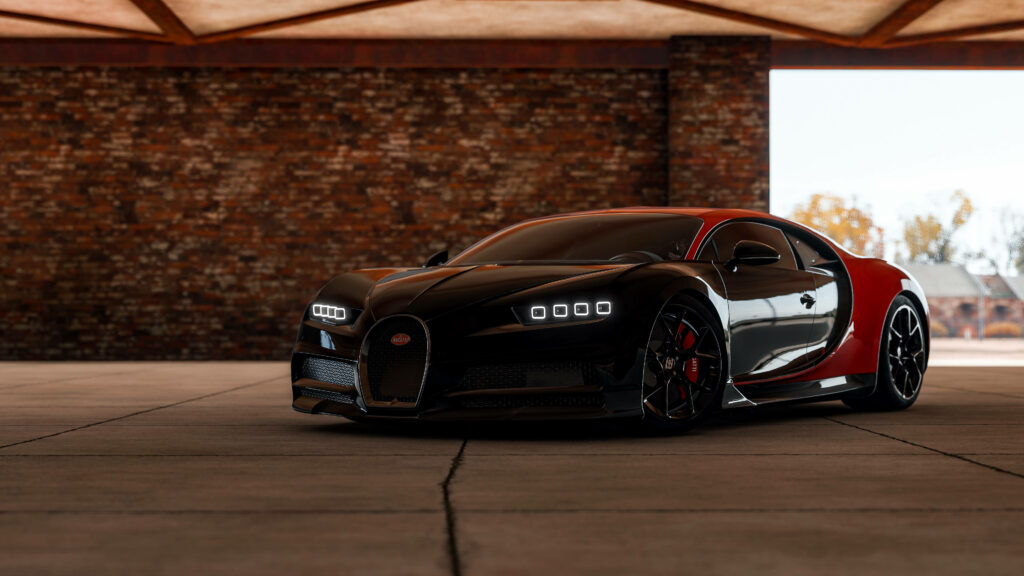 Glossy black and red Bugatti in shadowed garage reflecting Forza high-speed gaming thrill wallpaper