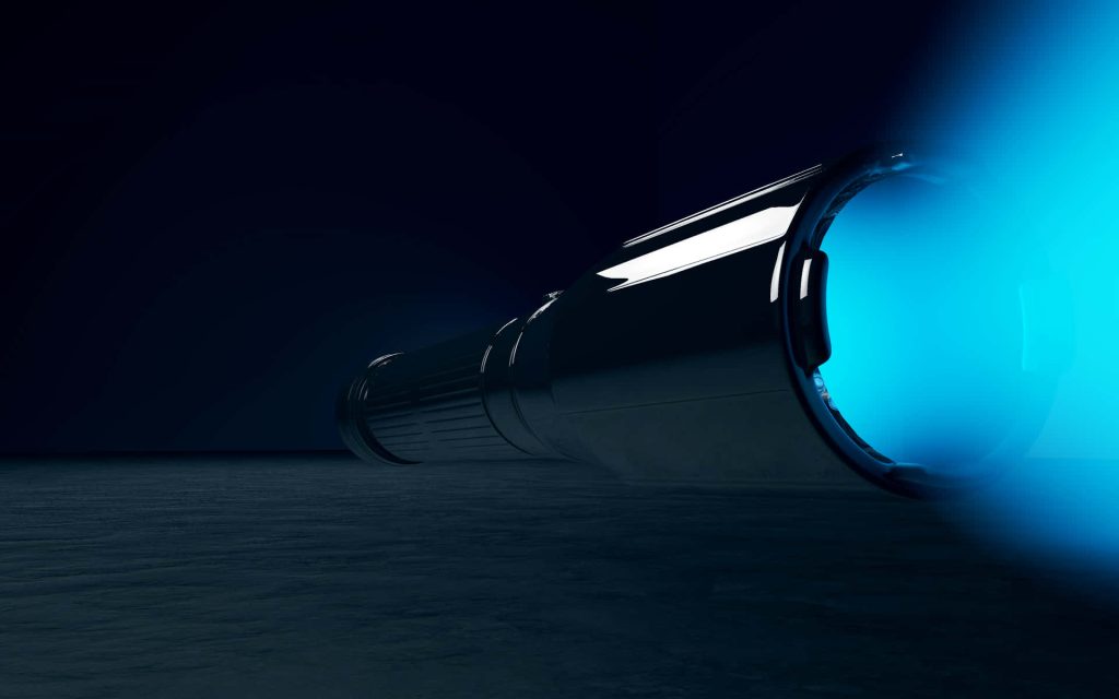 Metallic flashlight casting intense blue beam on dark textured surface modern CGI wallpaper