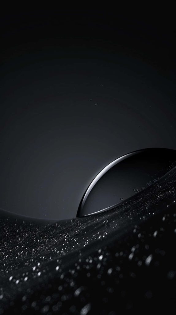 Pure black phone wallpaper with sleek curves and glistening water droplets minimalist dark design