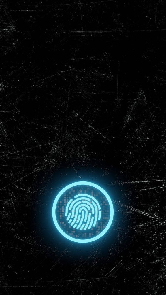 Sleek fingerprint phone wallpaper bright cyan biometric icon on dark scratched texture background
