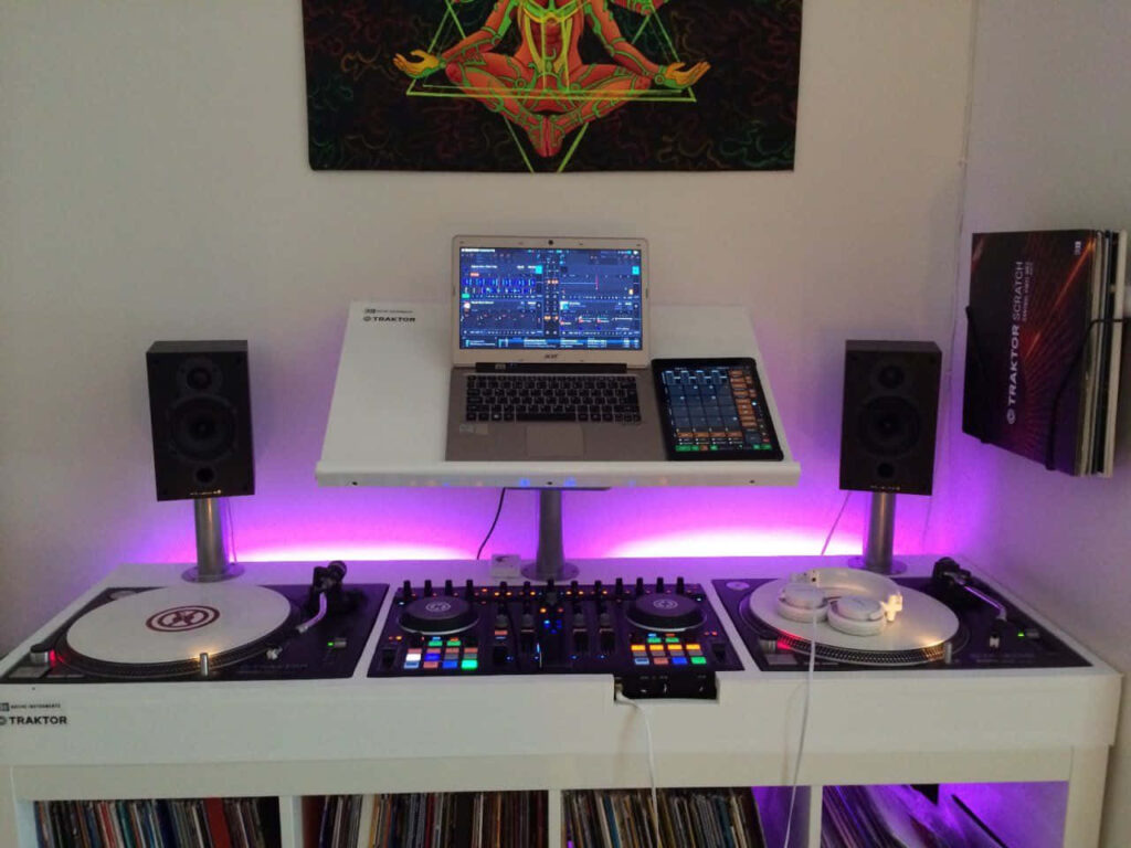 Sleek DJ Set Wallpaper: Vibrant Home Studio with Turntables & Mixer