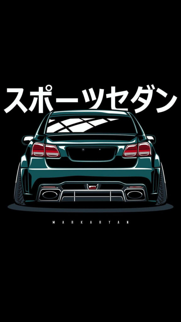 Sleek dark JDM car rear view with bold Japanese text and intricate body details wallpaper background