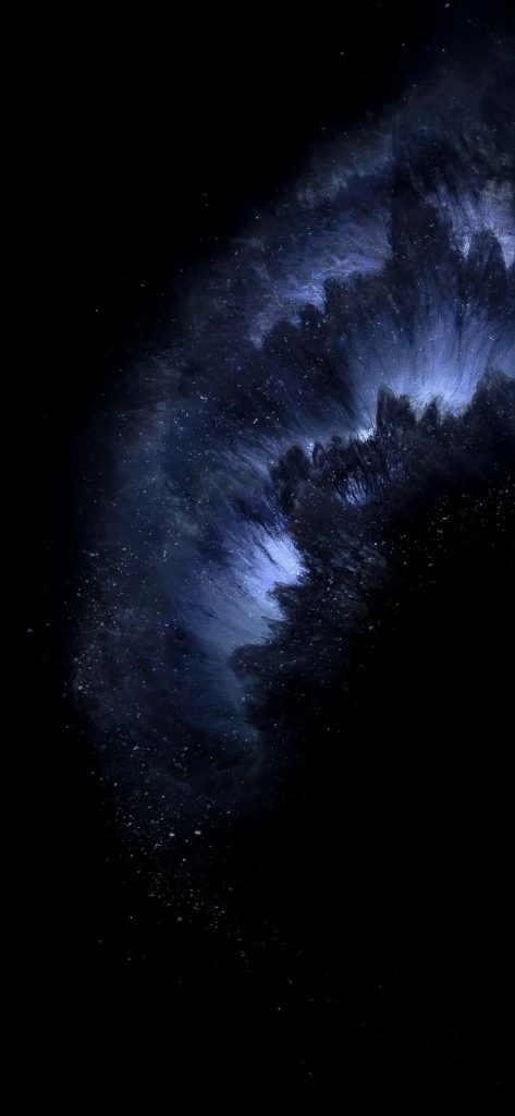 Abstract deep blue ink fluid explosion on black background iPhone 11 Pro stock wallpaper background