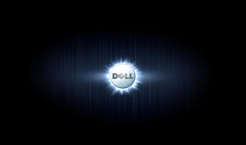 Sleek Dell logo illuminated on dark minimalist wallpaper with blue white light effect background