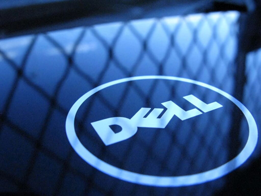 Dell logo illuminated on reflective blue surface with subtle grid pattern professional wallpaper