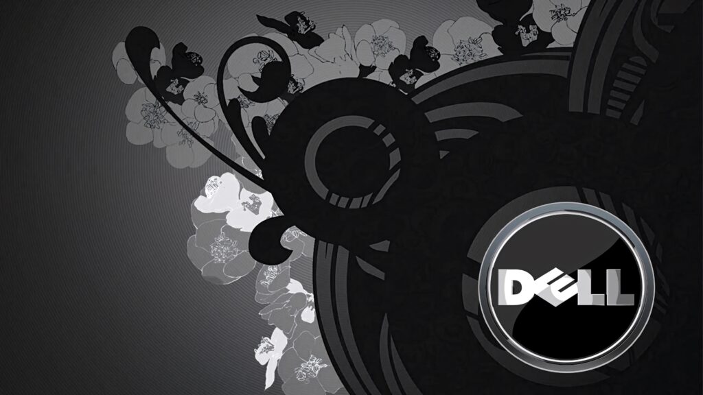Dell wallpaper with monochrome abstract floral patterns and bold logo for tech professionals