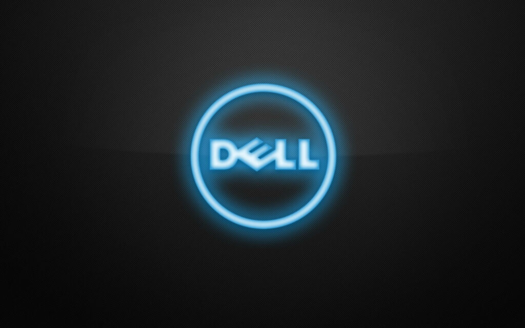 Dell wallpaper with neon blue glowing logo on dark textured high tech desktop background